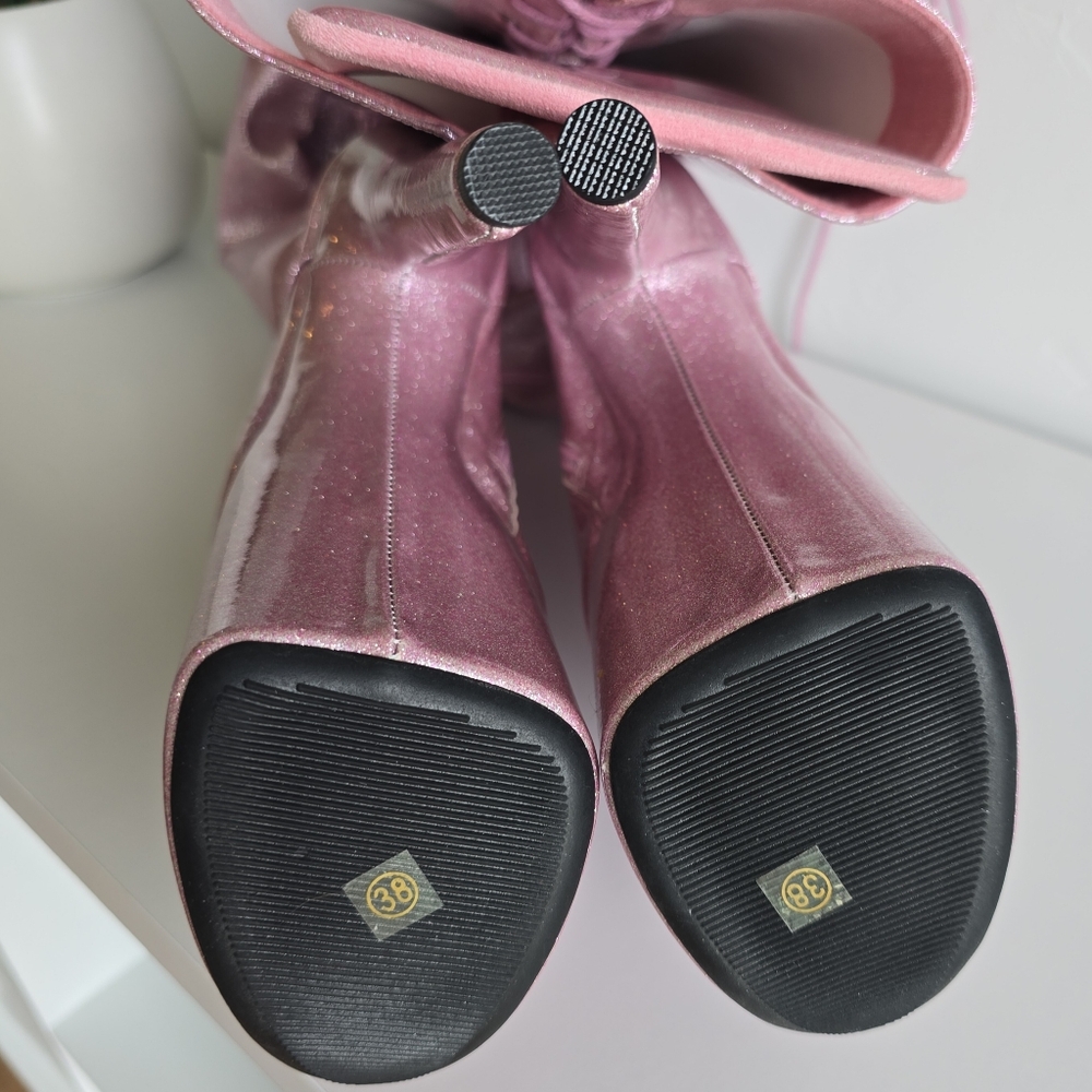 Hella Heels NWOB 8" Glitterati Sugarbaby Pink Thigh High Boots Front Lace Pole - Picture 13 of 13